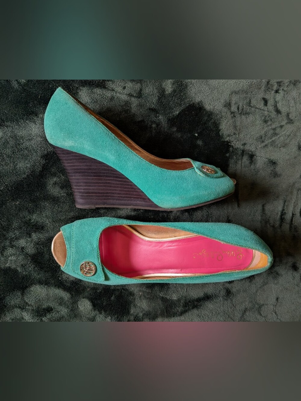 Lilly Pulitzer Teal Suede Peep-Toe Wedges with Pink Insole Size 9